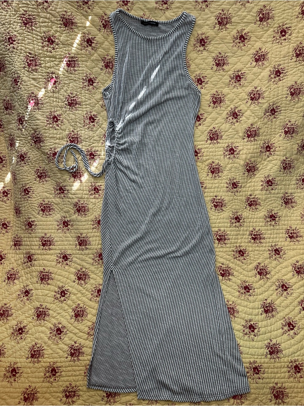 Caution To The Wind Tan and White Striped Midi Dress with Side Tie